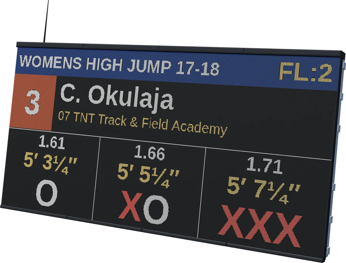 A P5 LED display board showing three lines of results