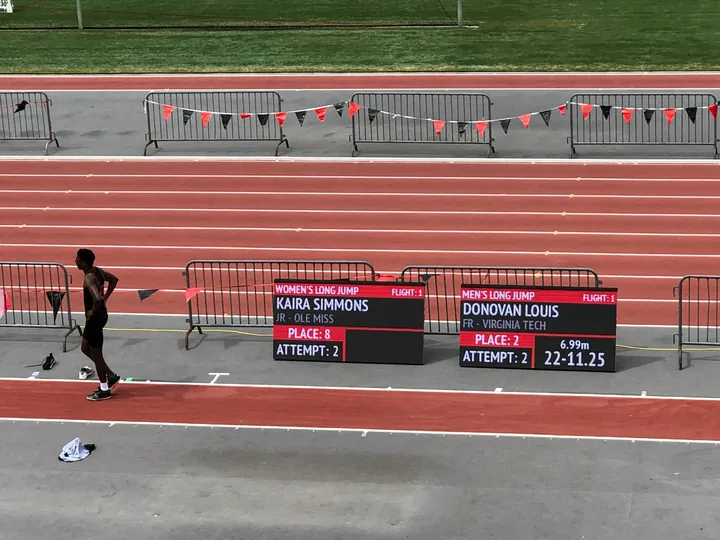 Two display boards beside a track showing women's and men's long jump results
