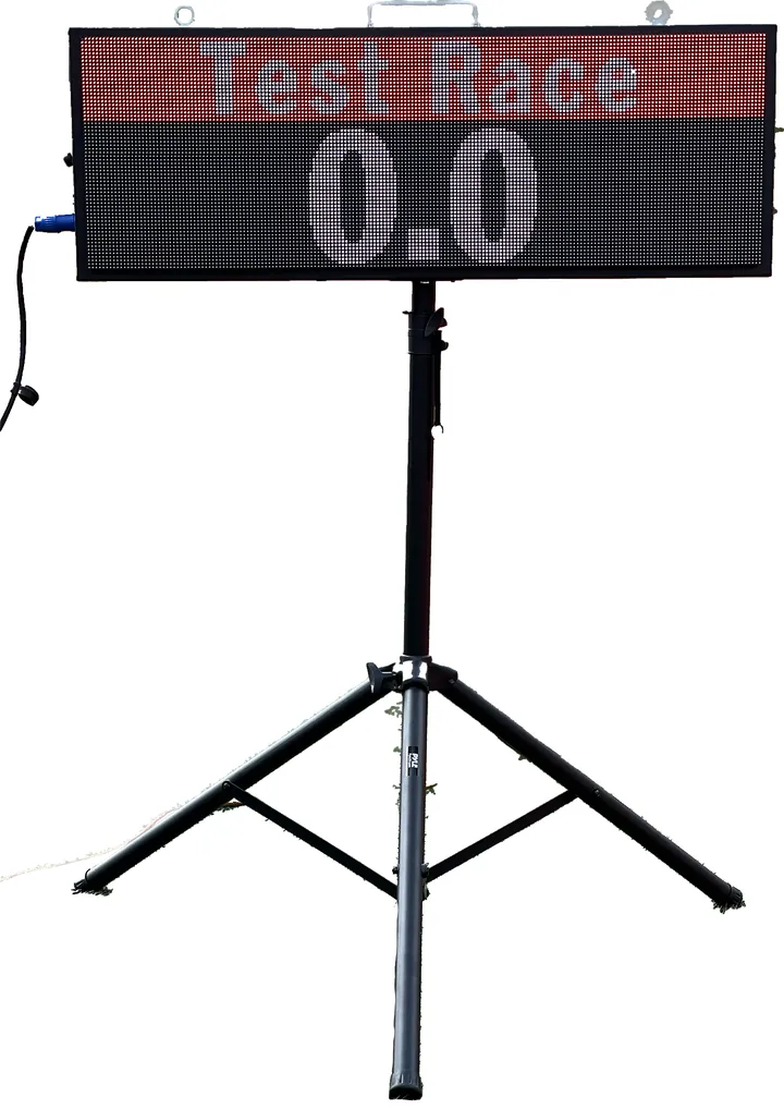 The race clock on its speaker stand, showing Test Race and 0.0